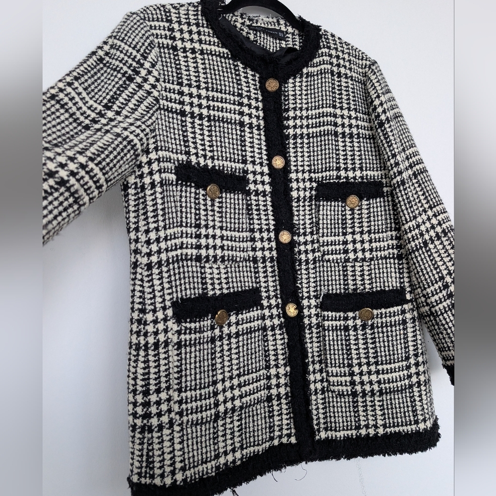 Zara Wool Blend Long Tweed Plaid Houndstooth Lady Jacket Blazer Sz XL Elegant - Picture 5 of 16